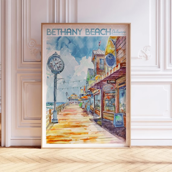 Bethany Beach Delaware Travel Poster Boardwalk Clock Shops Ocean Scene