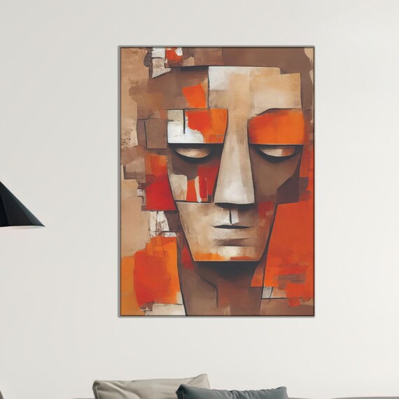 Abstract Cubist Face Orange Brown Geometric Blocks Modern Art Poster