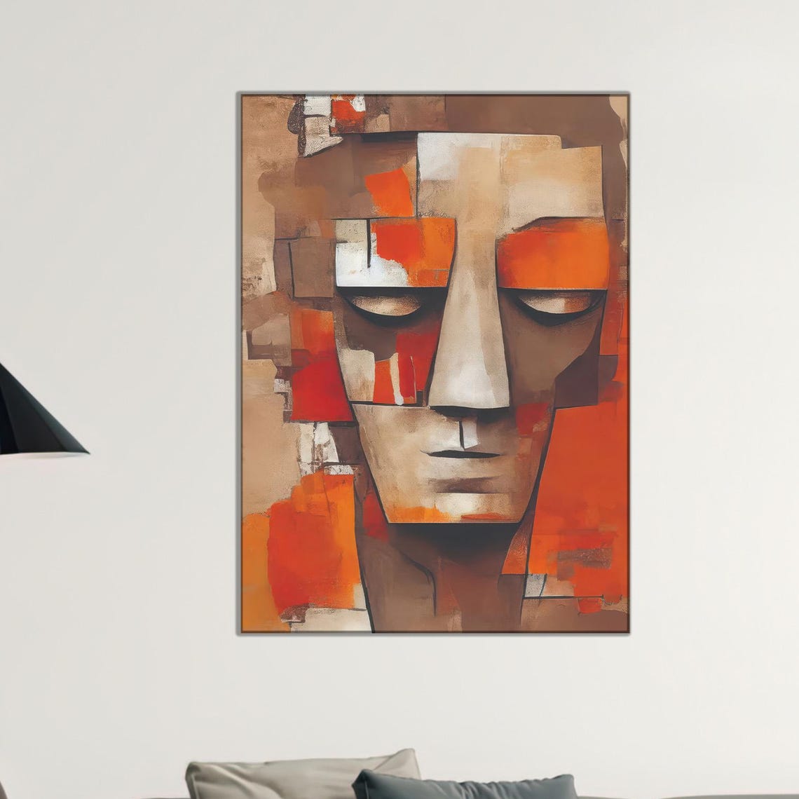 Abstract Face Canvas Print Modern Cubist Portrait Orange Brown