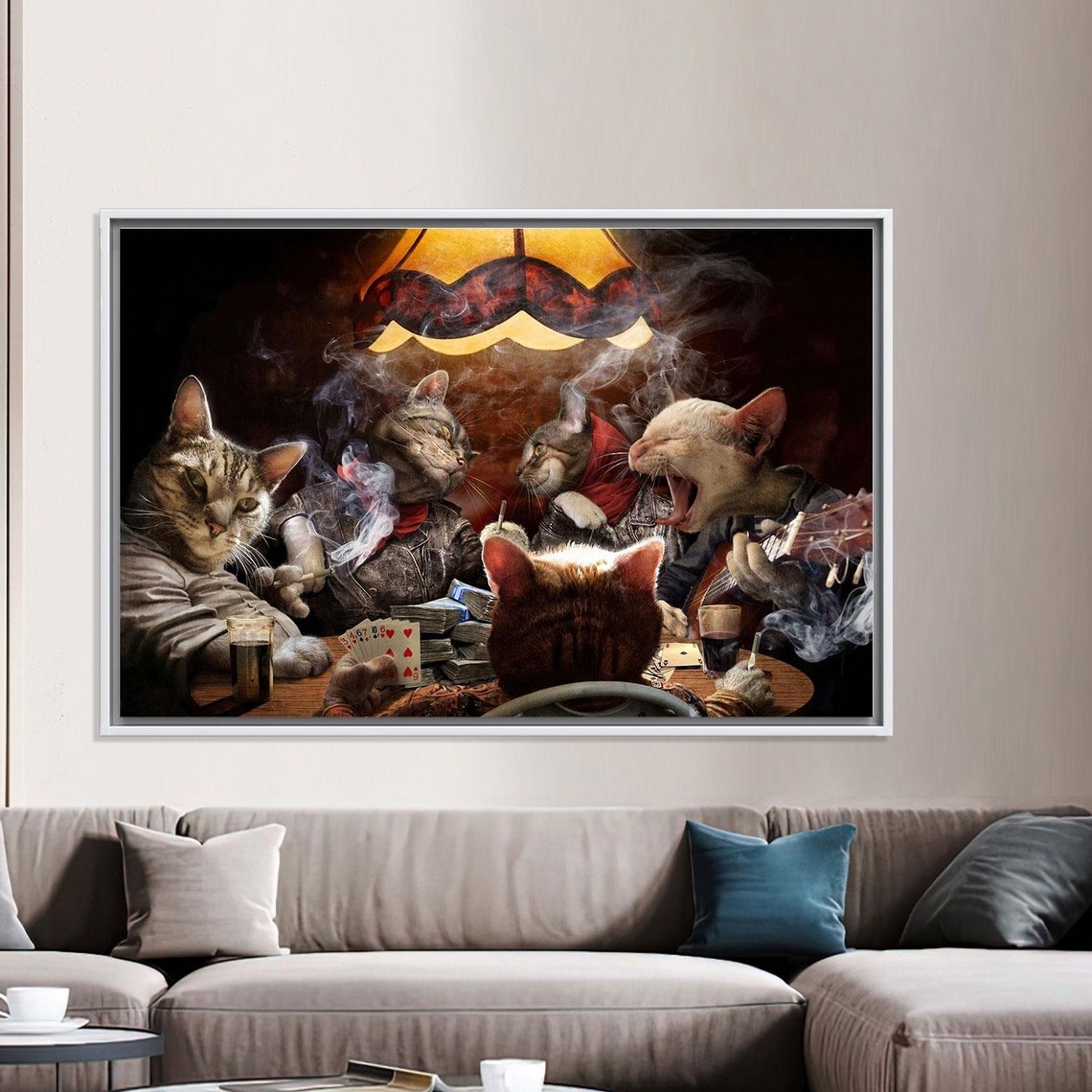 Cats Playing Poker Cigar Smoke Funny Feline Casino Night Wall Art