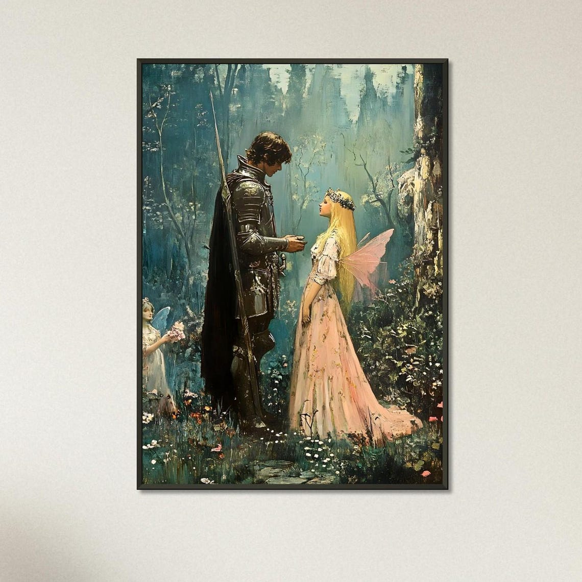 Knight Meeting Winged Fairy in Enchanted Forest Oil Painting Style Poster
