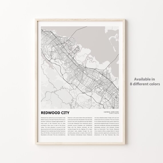 Redwood City California Map Minimalist Black And White Travel Poster