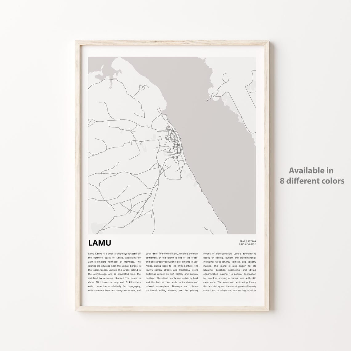 Minimalist Black and White Lamu Kenya Coastal Map Wall Poster