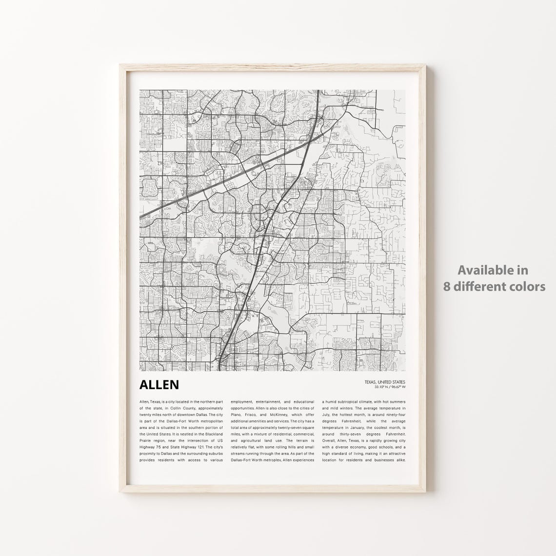 Allen Map Print Travel Wall Decor Art Texas Housewarming Gift Poster Minimal