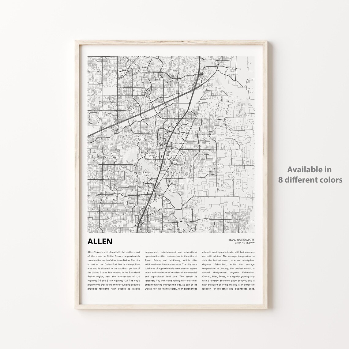 Allen Texas Minimalist Black White City Street Map Art Poster