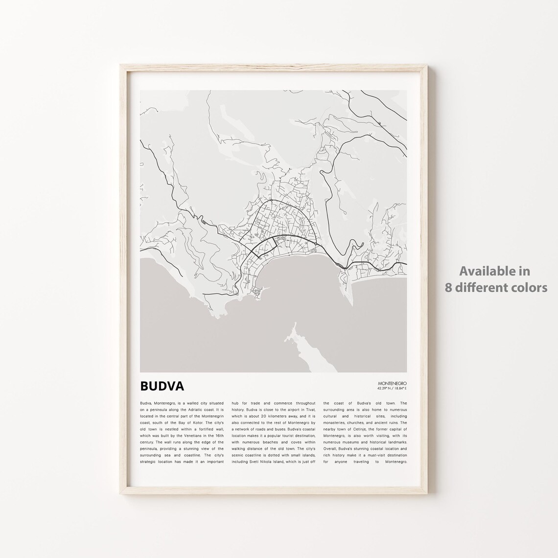 Budva Montenegro Coastal City Street Map Minimalist Wall Art Decor