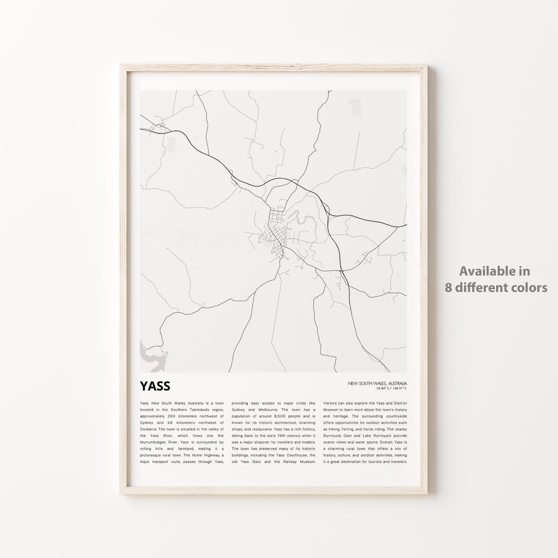 Yass New South Wales Australia Minimal Street Map Travel Print