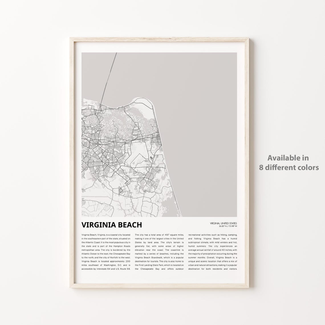 Virginia Beach City Street Map Coastal Minimalist Wall Decor Poster