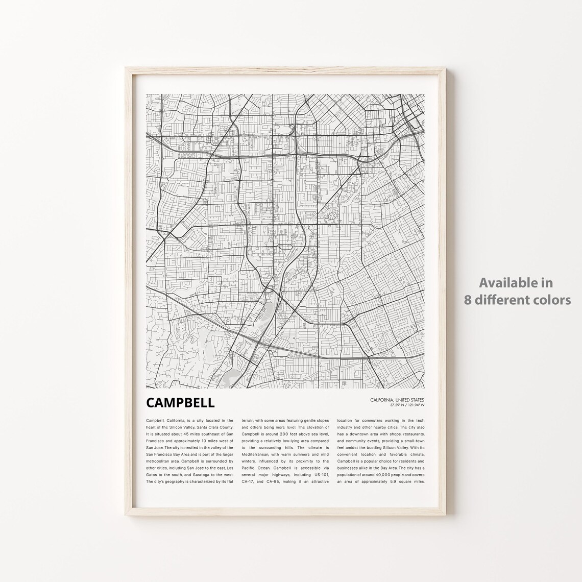 Campbell California Minimalist Black White City Map Travel Poster