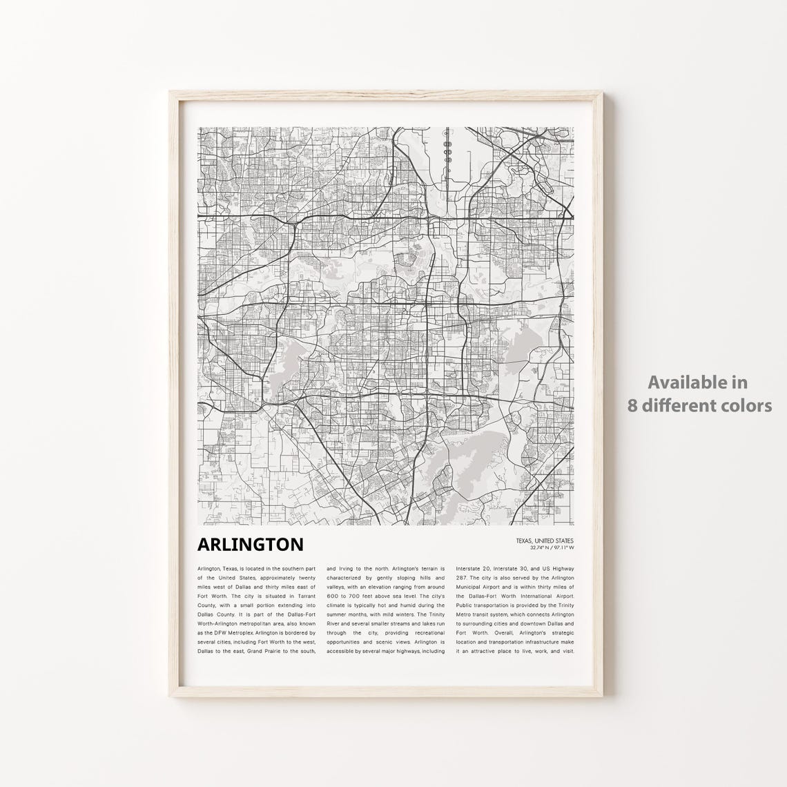 Arlington Map Print Travel Wall Decor Art Texas Housewarming Gift