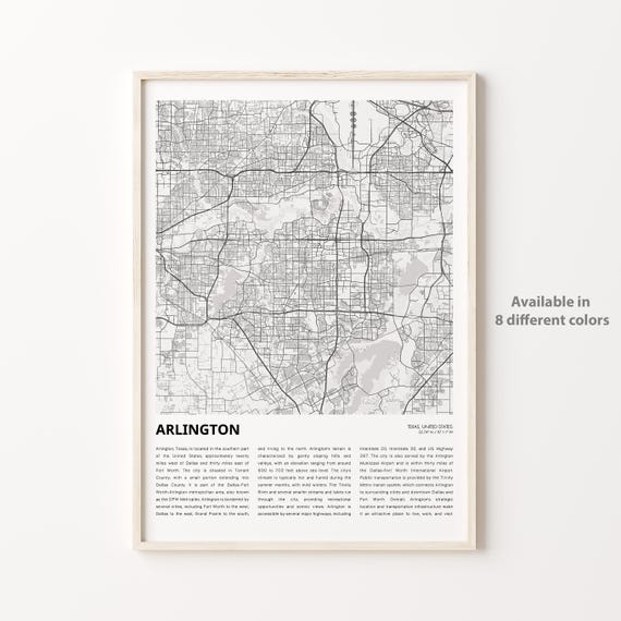 Arlington Map Print Travel Wall Decor Art Texas Housewarming Gift