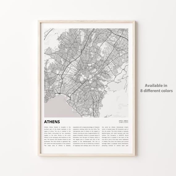 Athens Map Print Travel Wall Decor Art Attica Housewarming Gift Personalized Poster
