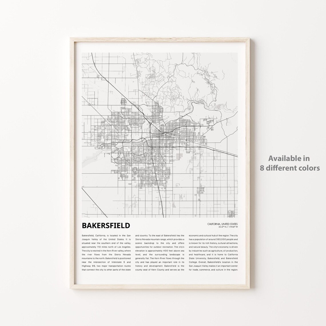 Bakersfield California Line Art City Map Street Plan Travel Poster