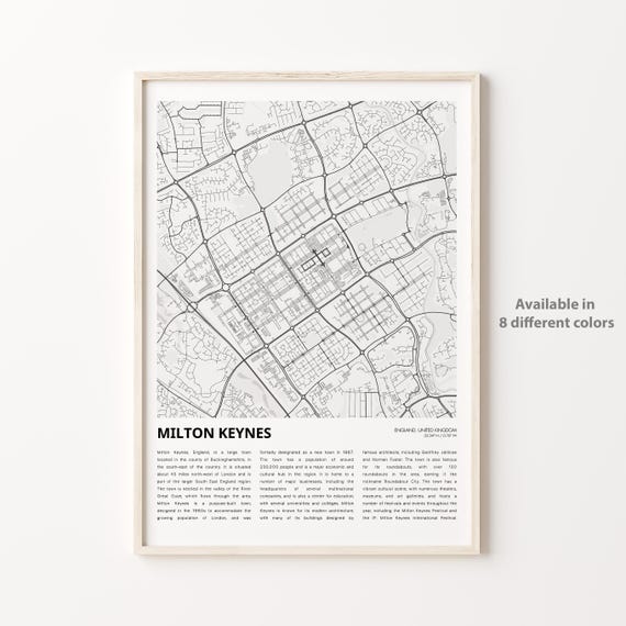 Milton Keynes Map Print Travel Wall Decor Art England Housewarming Gift