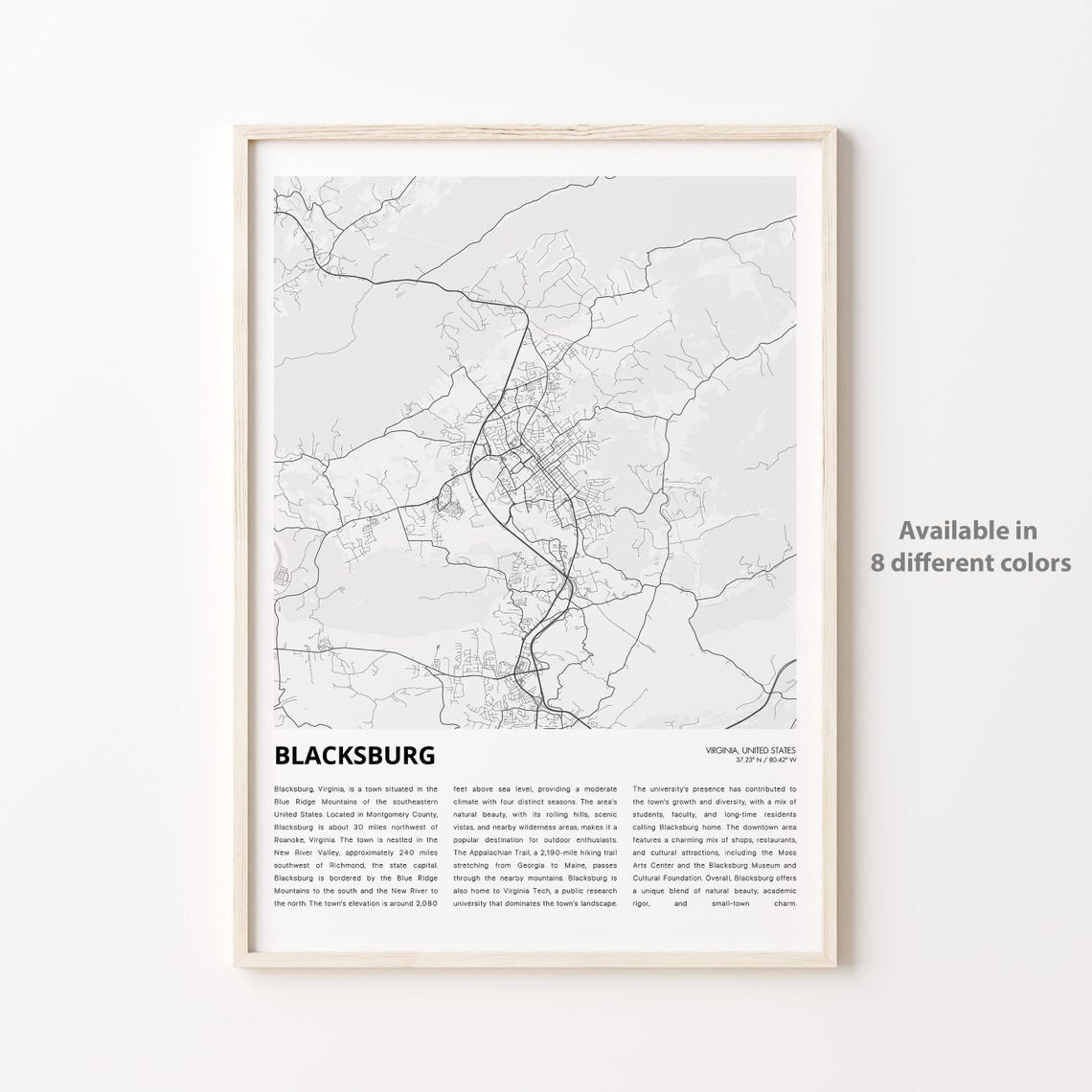 Blacksburg Virginia Minimalist Grayscale Street Map Travel Poster