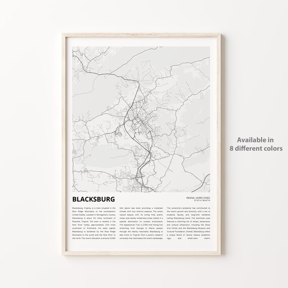 Blacksburg Virginia Minimalist Grayscale Street Map Travel Poster