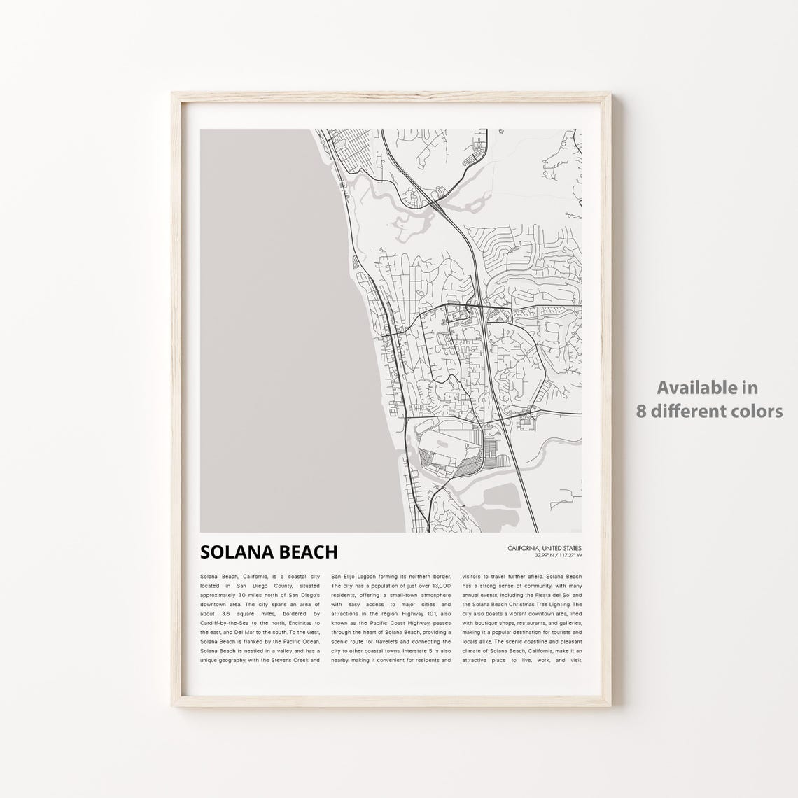 Solana Beach California Minimalist City Map Travel Poster Wall Decor