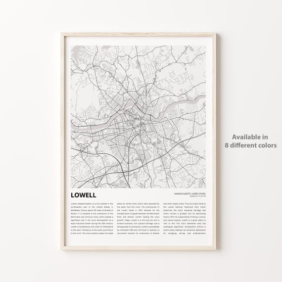 Lowell Map Print Travel Wall Decor Art Massachusetts Housewarming Gift