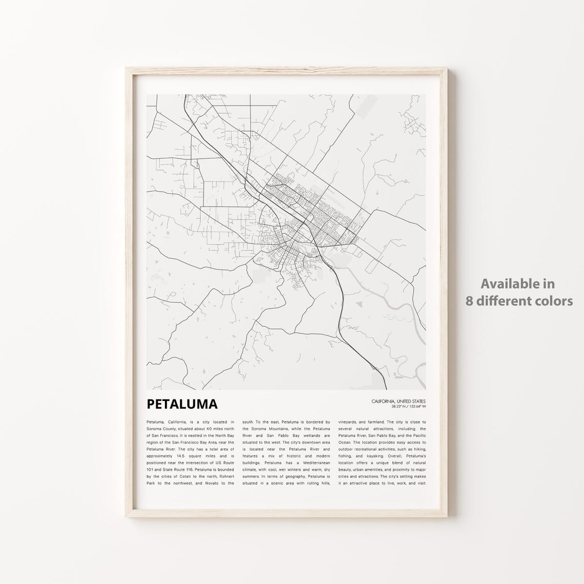 Petaluma California Minimalist Street Map Monochrome Travel Poster
