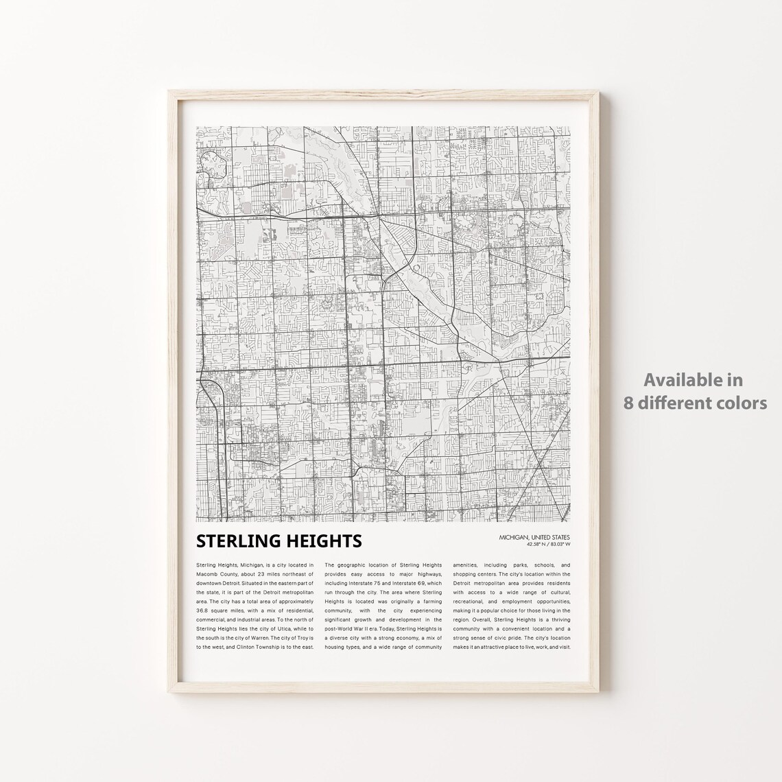 Sterling Heights Michigan Minimal City Map Street Grid Poster