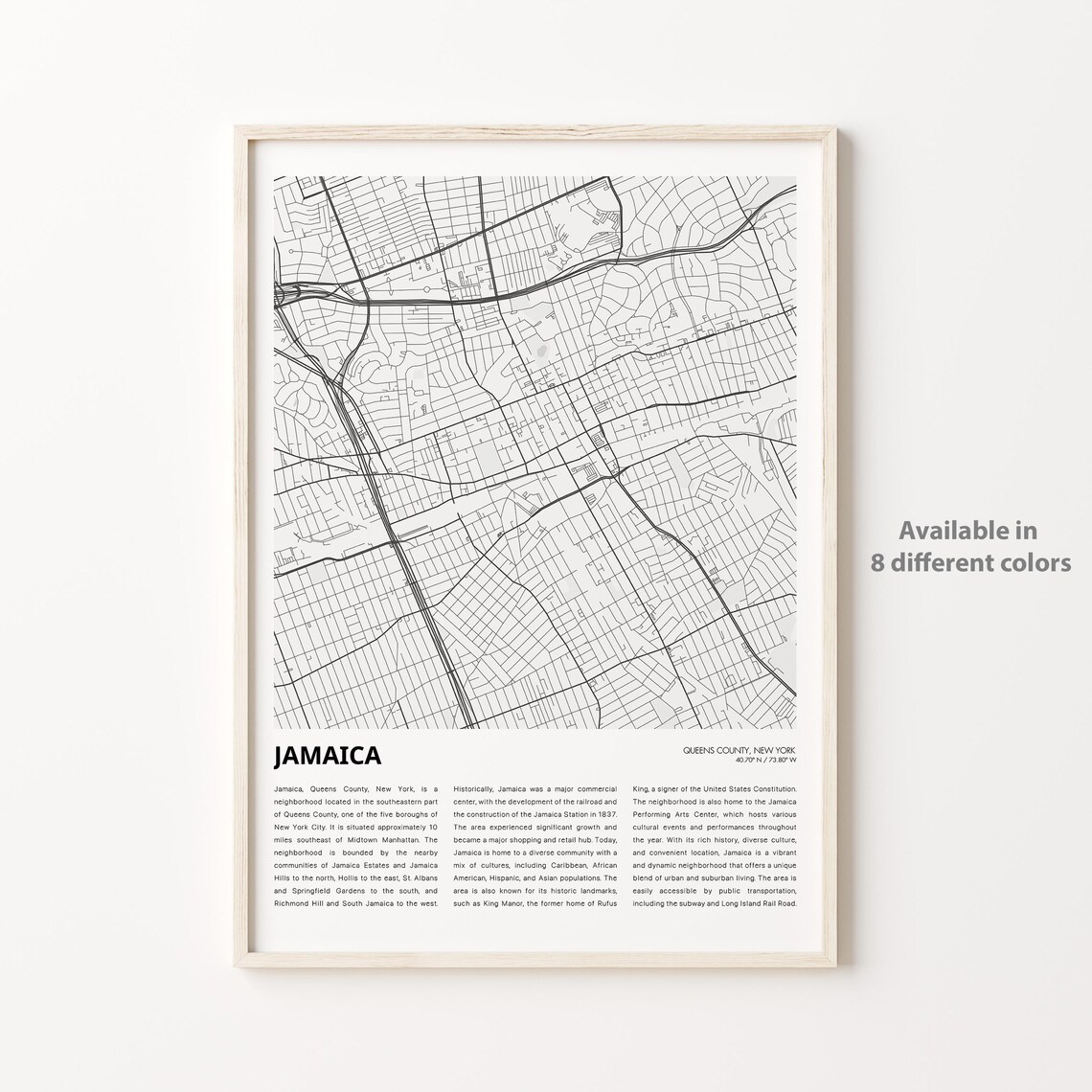 Jamaica Queens New York City Street Map Print Minimalist Line Art Decor