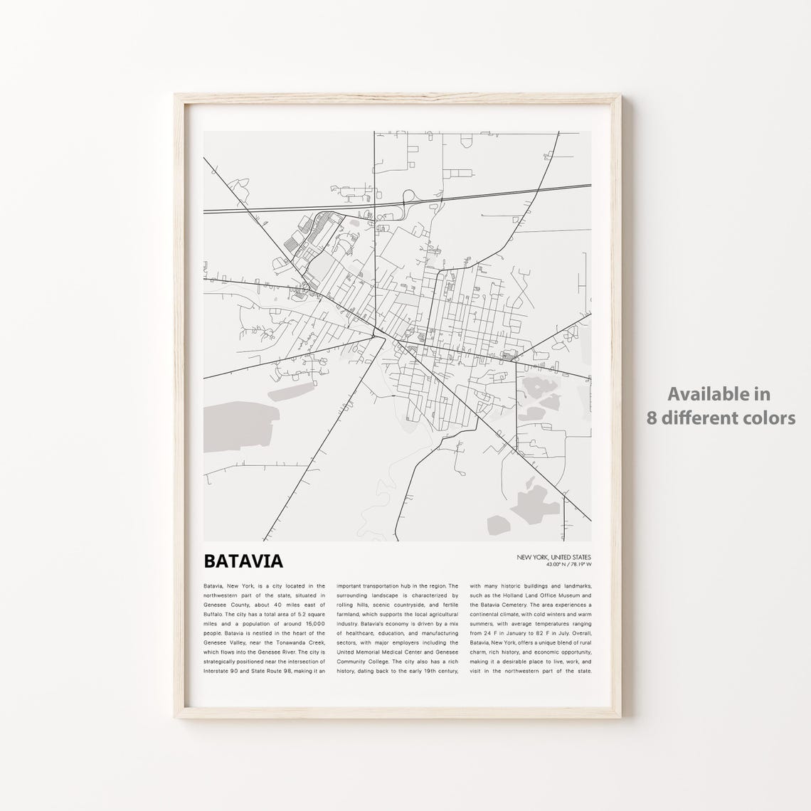 Batavia Map Print Travel Wall Decor Art New York Housewarming Gift Personalized Poster