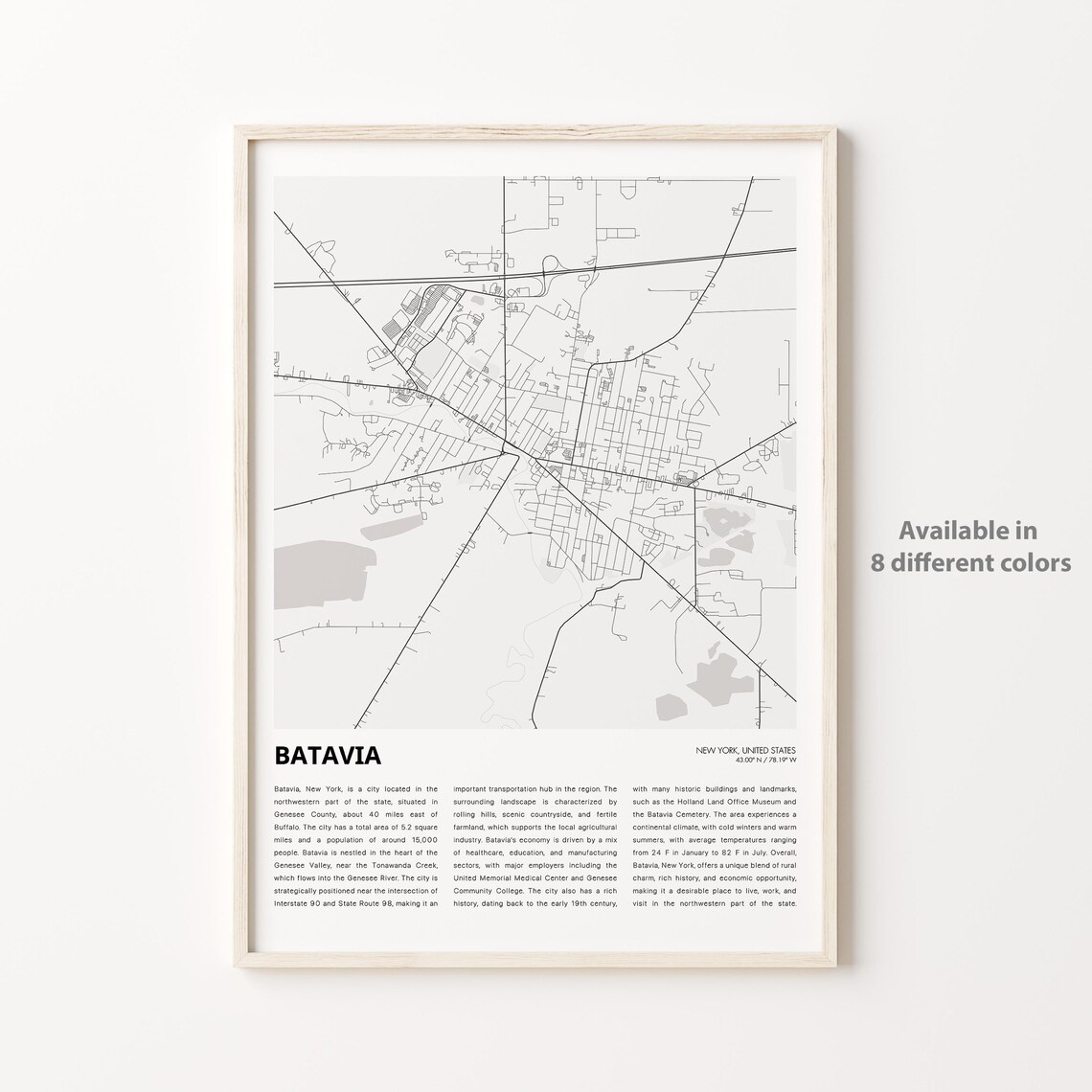 Batavia New York Detailed City Street Map Genesee County Travel Poster