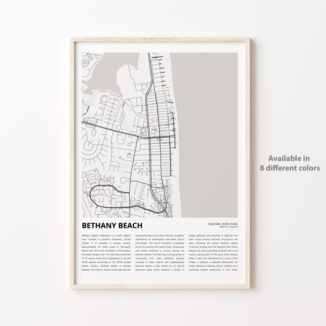 Bethany Beach Map Print Travel Wall Decor Art Delaware Housewarming Gift