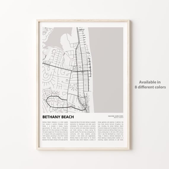 Bethany Beach Map Print Travel Wall Decor Art Delaware Housewarming Gift