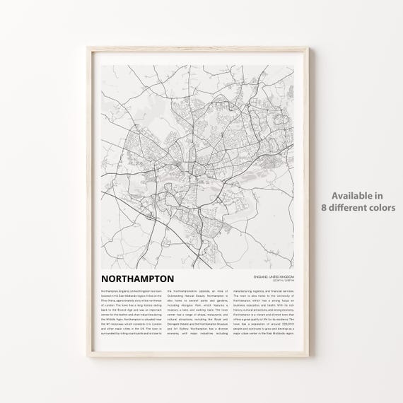 Northampton Map Print Travel Wall Decor Art England Housewarming Gift