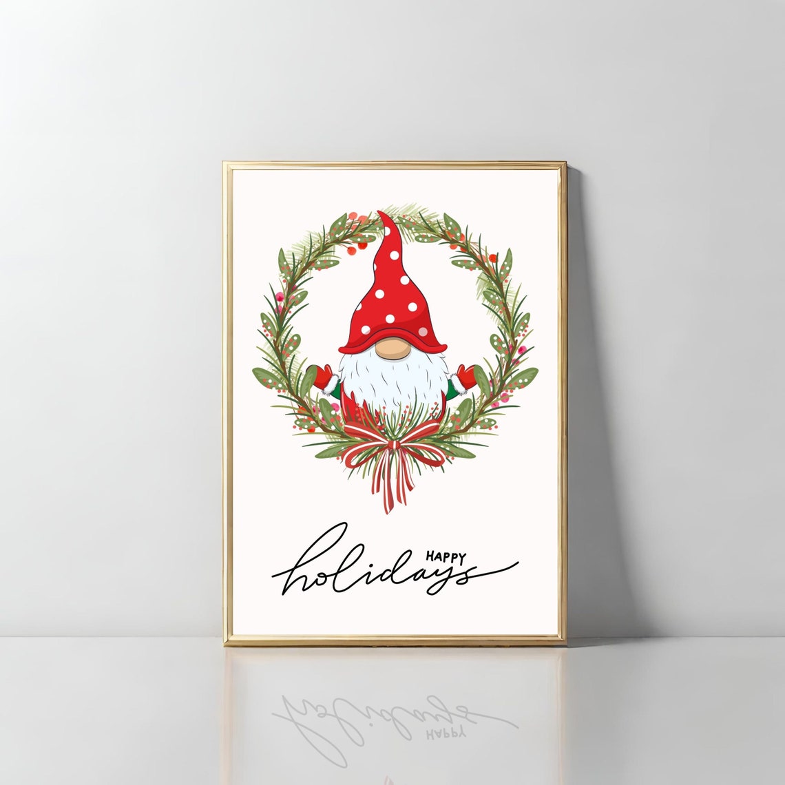 Christmas Gnome Wreath Happy Holidays Festive Watercolor Wall Art