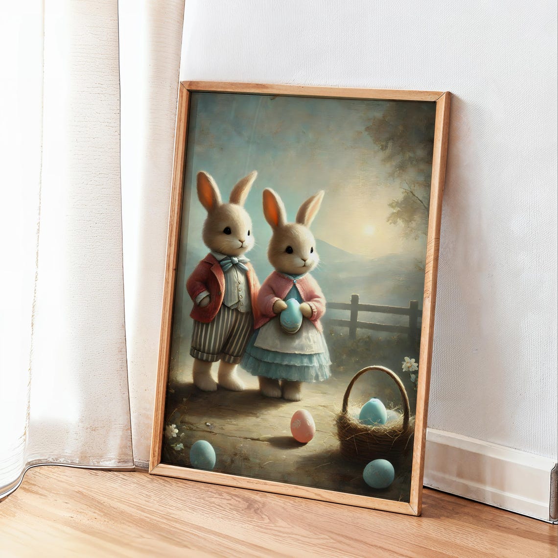 Vintage Easter Bunny Art Print Cute Rabbit Couple Painting Pastel Spring Wall Decor Rustic Woodland Nursery Wall Art Ew19 - Image 3