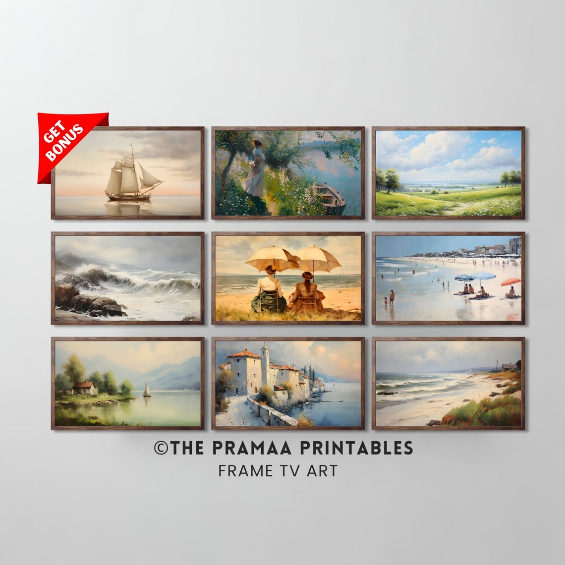 Nine Piece Vintage Coastal and Landscape Painting Collection Poster