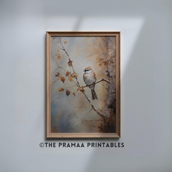Small Bird on Autumn Branch Muted Watercolor Painting Poster