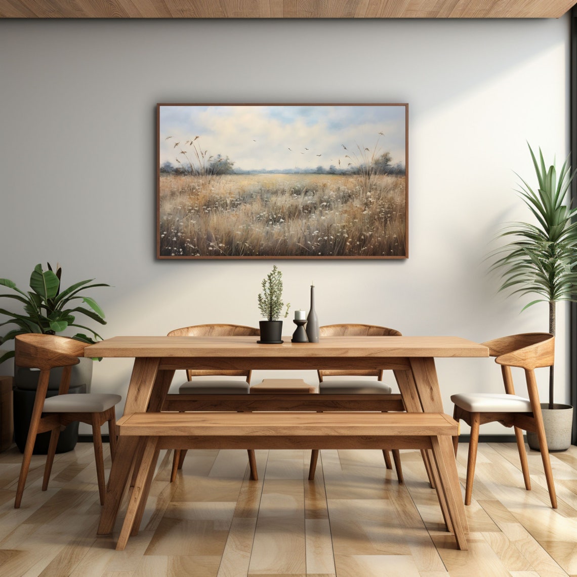 Sunlit Meadow With Birds Vintage Country Field Landscape Poster - Image 3