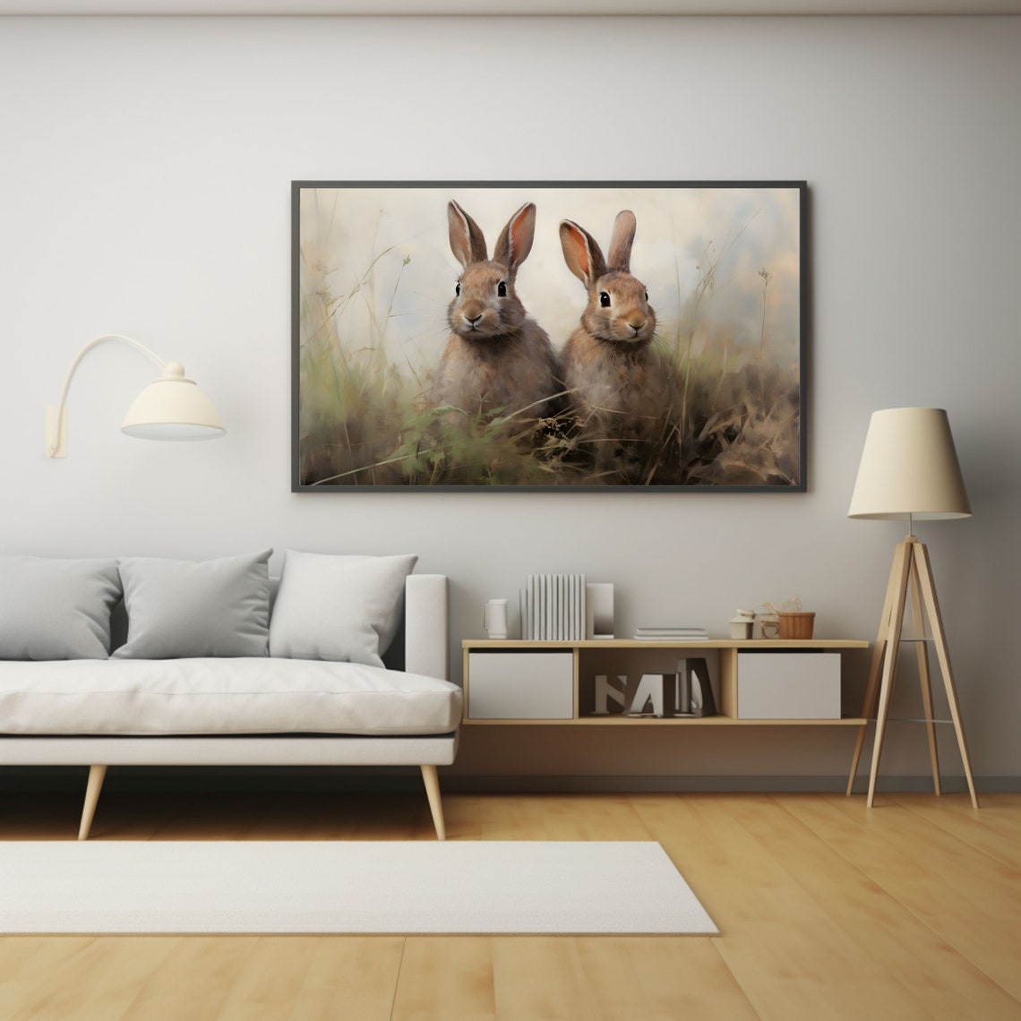 Two Bunnies Resting in Golden Grass Vintage Spring Rabbit Poster - Image 2