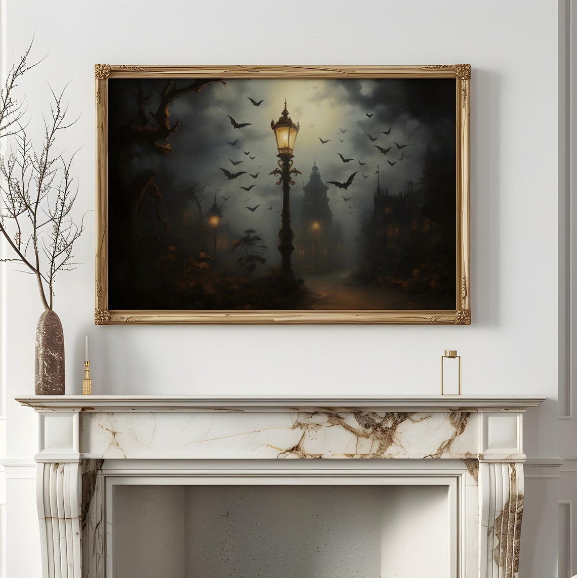 Gothic Street Lamp Bats Misty Night Victorian Spooky Town Poster - Image 2
