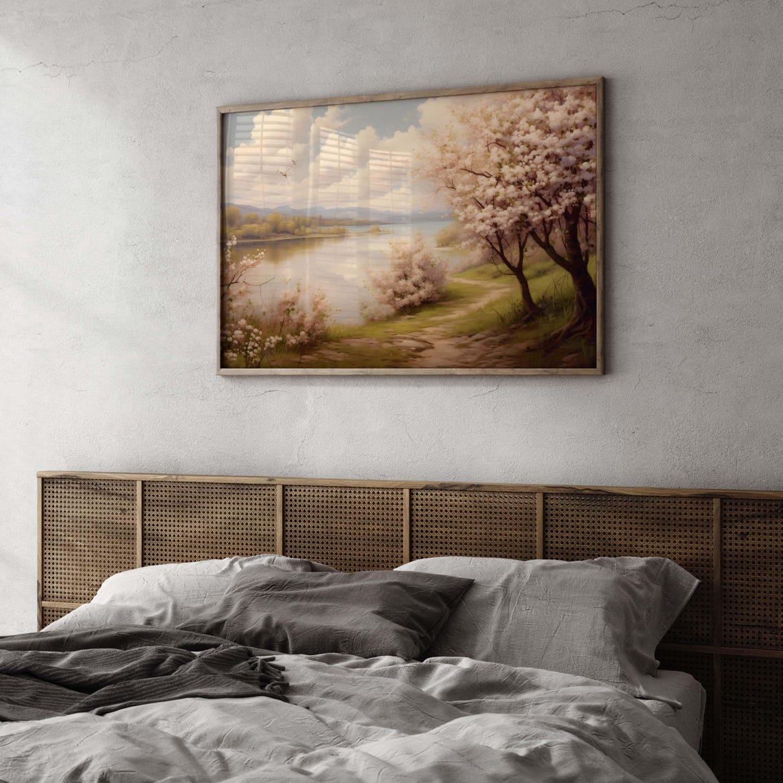 Cherry Blossom Tree by a Calm Lake Spring Landscape Painting Poster - Image 3