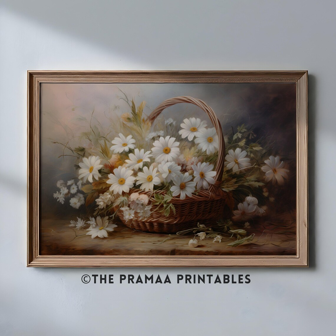 White Daisies in Wicker Basket Vintage Floral Still Life Painting Poster