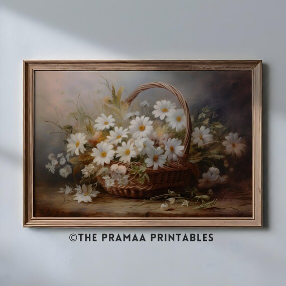 White Daisies in Wicker Basket Vintage Floral Still Life Painting Poster