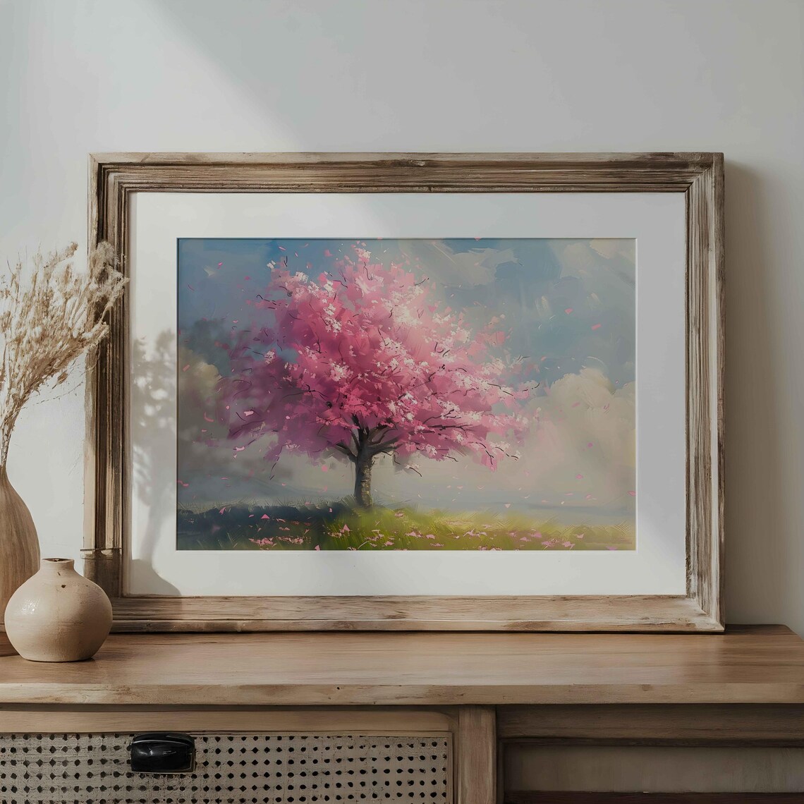 Pink Cherry Blossom Tree Falling Petals Impressionist Painting Wall Art - Image 3