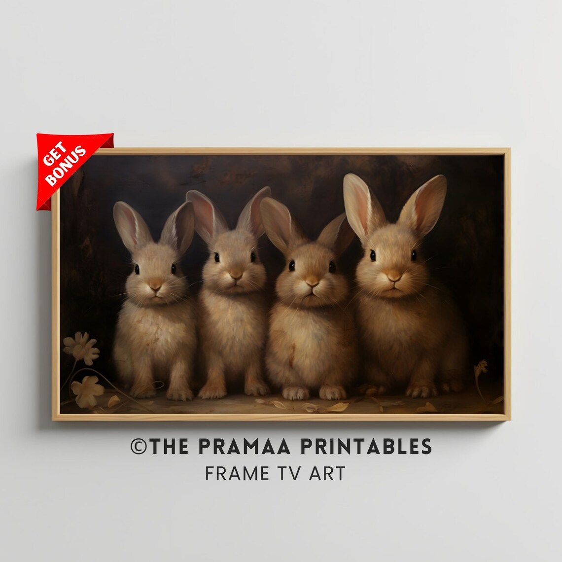 Four Bunnies in Dark Moody Night Vintage Rabbit Painting Poster