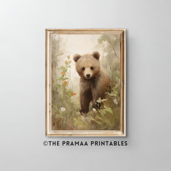 Baby Bear Cub Wildflowers Woodland Nursery Animal Art Poster