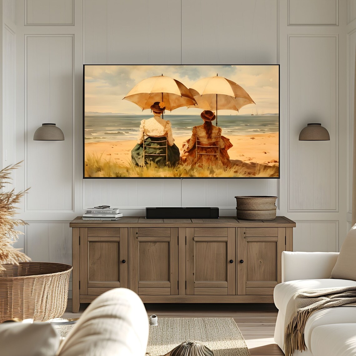 Two Women with Parasols on Beach Vintage Seaside Art Painting Poster - Image 3