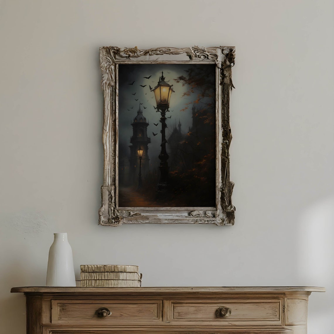 Victorian Street Lamp Gothic Night Bats Spooky Halloween Poster - Image 3
