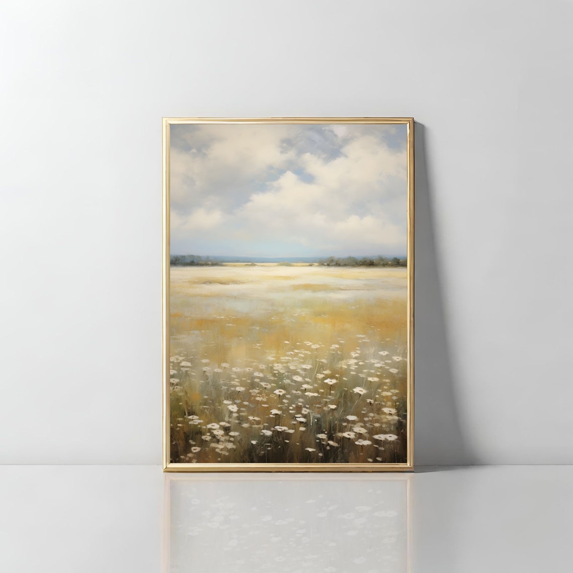 Golden Wildflower Field Under Cloudy Sky Vintage Landscape Poster - Image 2