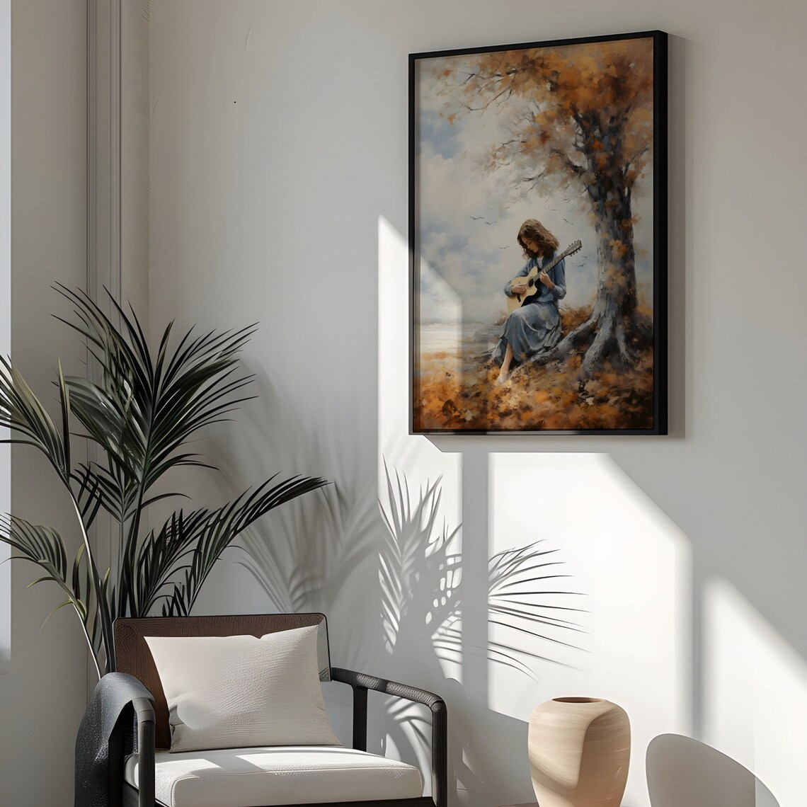 Girl Playing Guitar Under an Autumn Tree by the Lake Painting Poster - Image 2
