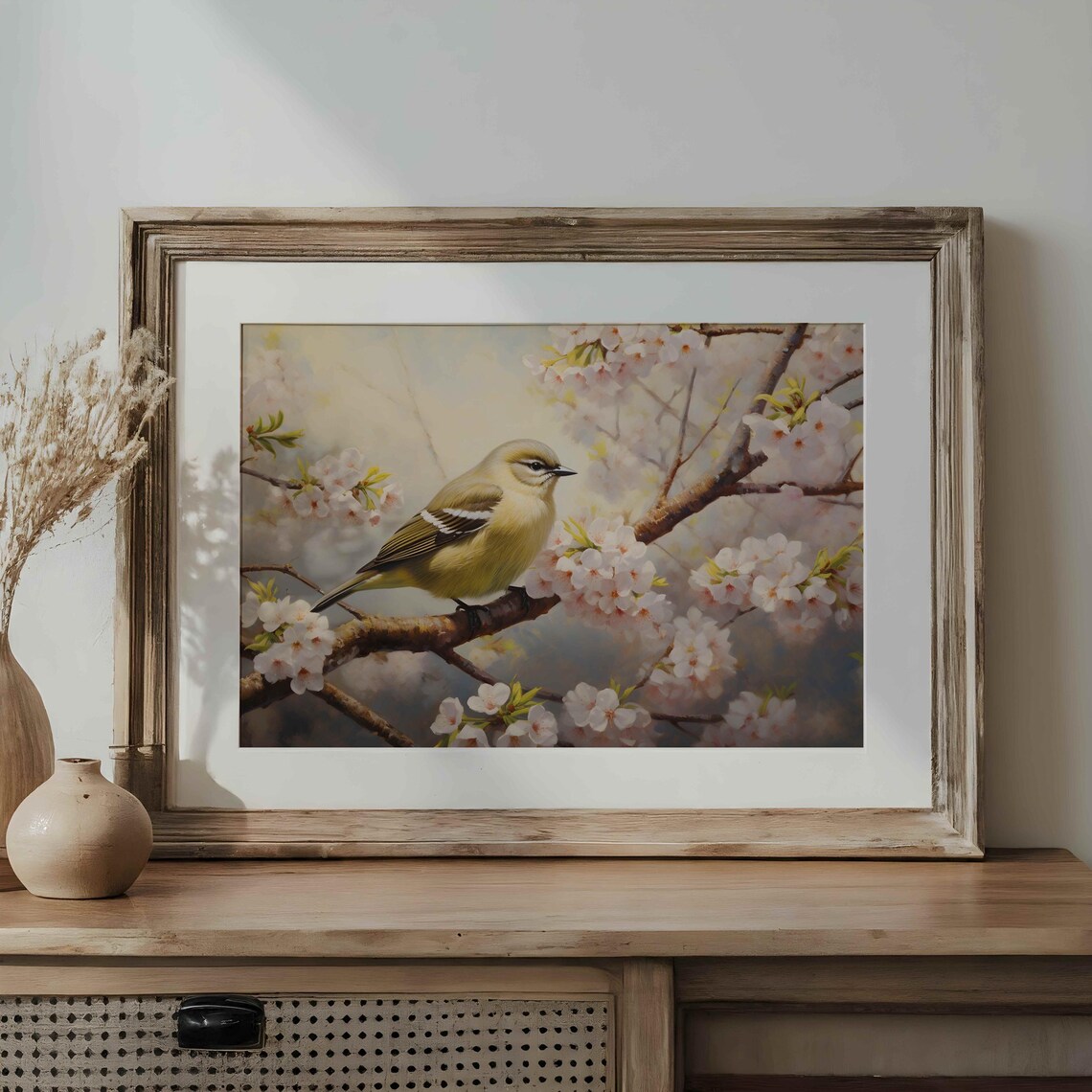 Little Yellow Songbird on a Cherry Blossom Branch Painting Poster - Image 3