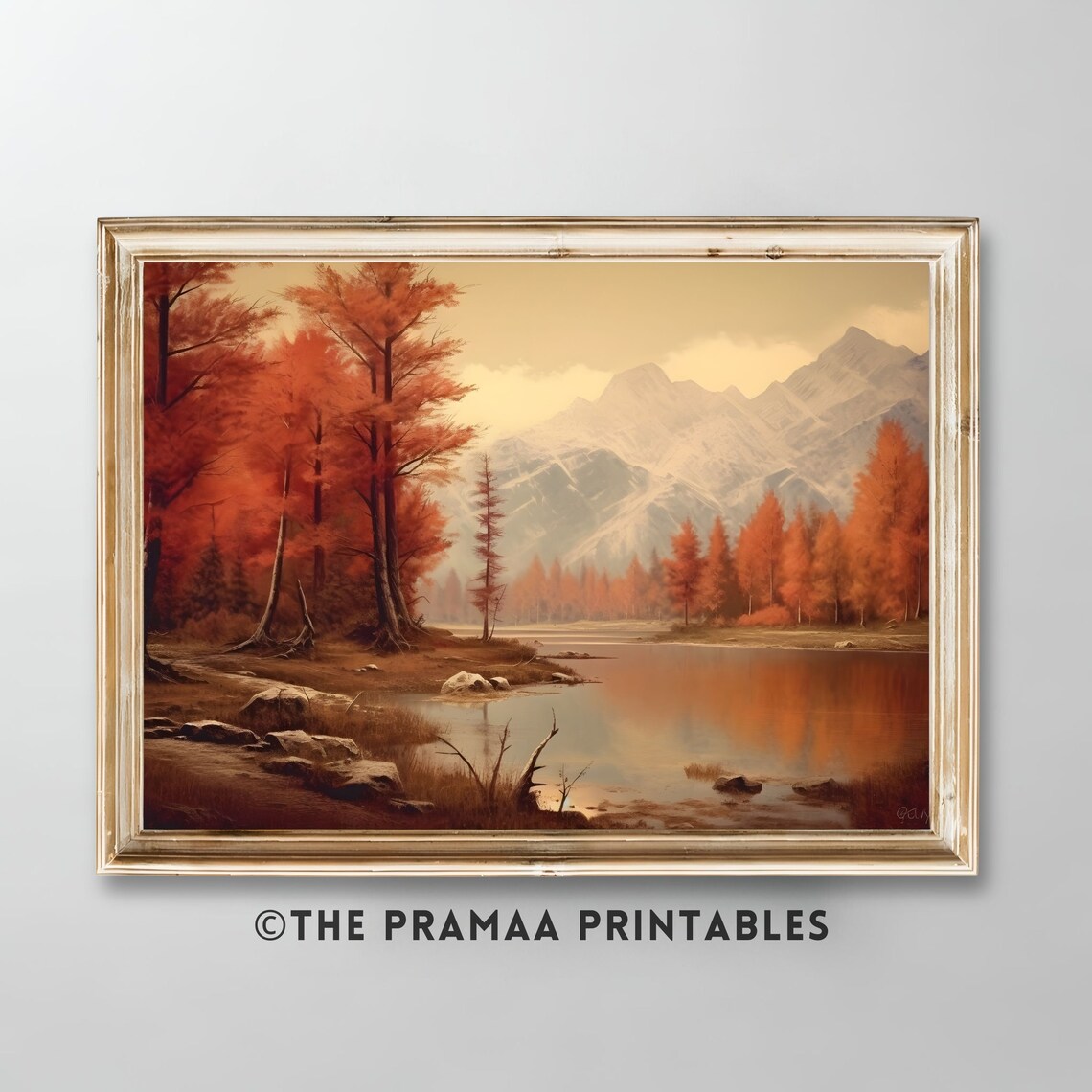 Autumn Lake with Red Trees and Mountains Vintage Landscape Poster