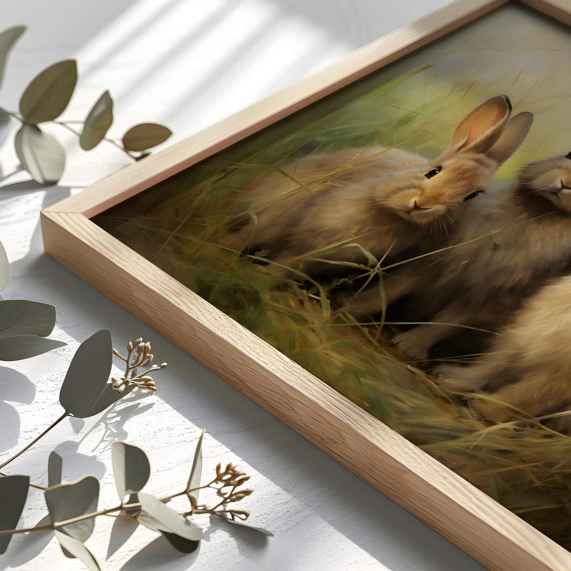 Three Young Rabbits in Green Grass Warm Vintage Bunny Poster - Image 2